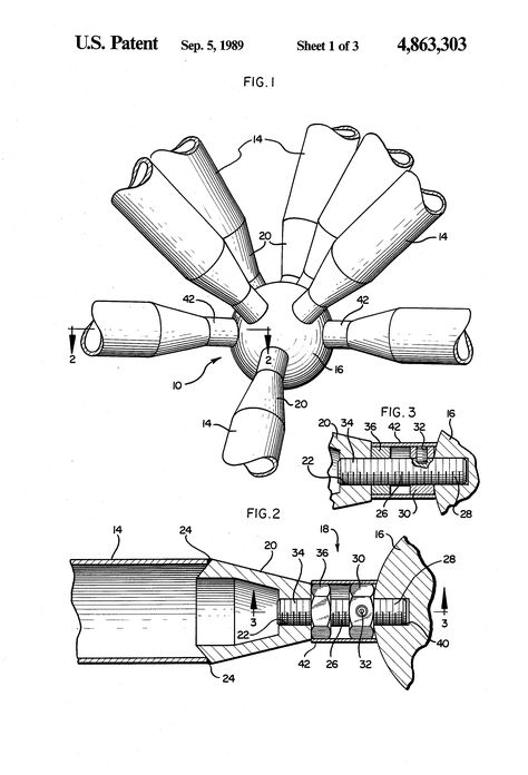 Patent US4863303 - Structural joint members for space frame system - Google Patents Space Frame Architecture, Space Truss, Architecture Symbols, Roof Truss Design, Truss Structure, Steel Architecture, Roof Garden Design, Membrane Structure, Tensile Structures