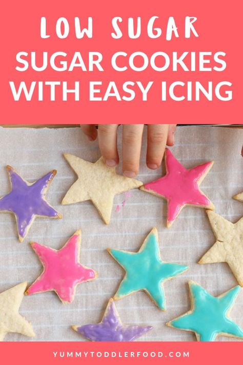 With just a few simple ingredients and a super easy process, you can make Healthy Sugar Cookies with great taste and texture and a LOT less sugar! #healthycookies #toddlerfood #holidaycookies #bakingwithkids #cookiesforkids #healthysugarcookies Toddler Recipe, Toddler Cookies, Healthy Sugar Cookies, Easy Icing, Kids Recipe, Holiday Sugar Cookies, Gluten Free Sugar Cookies, Sugar Cookie Icing, Snacks For Kids