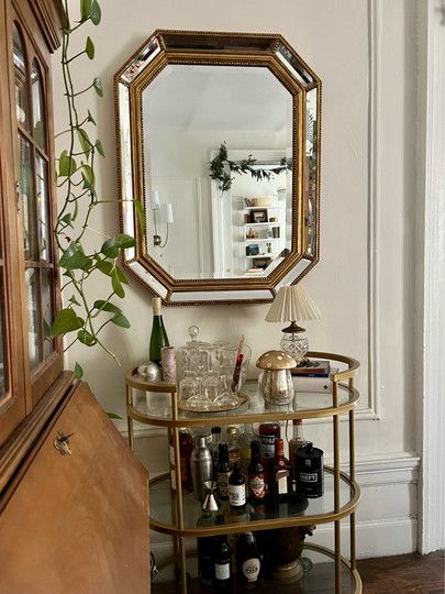 Rental Friendly Kitchen, Chic Bar Cart, Bar Cart Gold, Gold Bar Cart Styling, Mushroom Candle, Rental Friendly, Venetian Mirror, Corner Bar, Gold Bar Cart