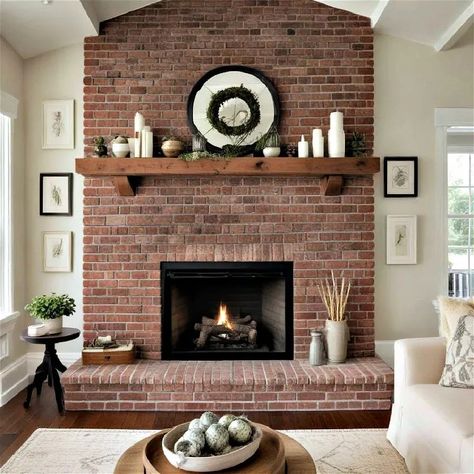 Red Brick Fireplace Decor, Red Brick Fireplace Mantle, Brick Fireplace Living Room, Brick Color Palette, Corner Brick Fireplaces, Brick Fireplace Mantles, Brick Fireplace Ideas, Red Brick Fireplace, Brick Fireplace Decor