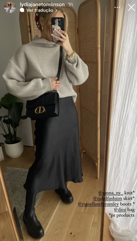 Slip Skirt Outfit Winter, Silk Midi Skirt Outfit, Black Slip Skirt Outfit, Midi Skirt Outfit Winter, Slip Skirt Outfit, Silk Skirt Outfit, Silk Dresses Outfit, Silk Slip Skirt, Satin Skirt Outfit