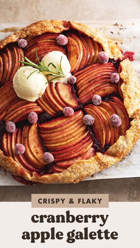 This cranberry apple galette is filled with tart cranberry sauce, thinly sliced apples, all wrapped in a crispy and flaky pie crust. It's the easiest kind of pie you can make and it's perfect for the holidays! #galette #cranberryapple #holidaybaking | teakandthyme.com Apple Cranberry Galette Recipe, Apple Cranberry Galette, Cranberry Apple Galette, Apple Cranberry Dessert, Apple Cranberry Pie, Cranberry Tart, Apple Tart Recipe, Cranberry Dessert, Canned Cranberries