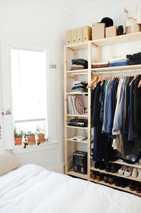 MJ's bedroom lacks a closet as well, so an IKEA IVAR shelving unit holds her clothes, shoes, and accessories. Open Closet Storage, Makeshift Closet, Ivar Regal, Small Closet Space, Ikea Closet, Ikea Ivar, Open Wardrobe, No Closet Solutions, Ikea Bedroom