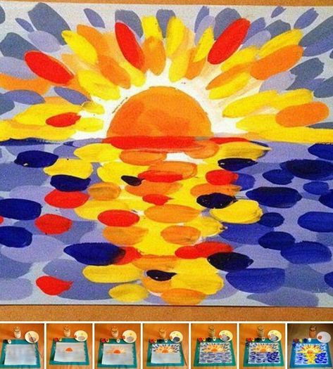 sunset painting 2nd Grade Art, 3rd Grade Art, Classroom Art Projects, Kids Art Class, Elementary Art Projects, Homeschool Art, Kindergarten Art, Sun Art, Art Lessons Elementary