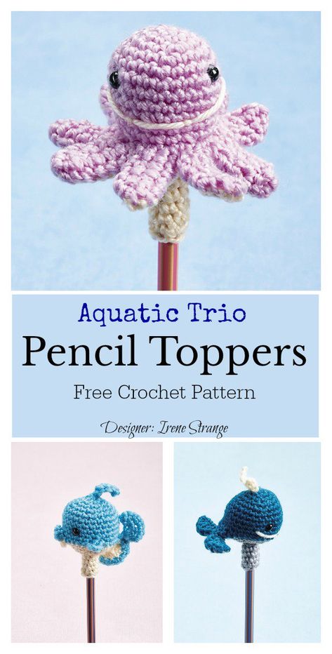 Aquatic Trio Pencil Toppers Free Crochet Pattern #freecrochetpatterns Bookmarks Crochet, Houses Minecraft, Crochet Pencil, Pen Toppers, Crochet Puff Flower, Tatting Tutorial, Knitting Patterns Free Hats, Beginner Crochet Tutorial, Pola Amigurumi