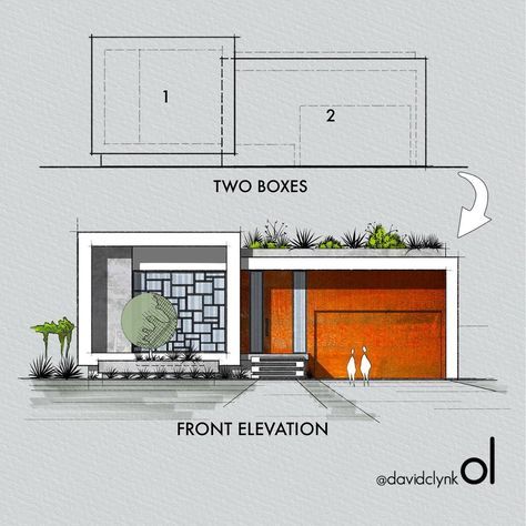 design•illustration•tutorials on Instagram: “2 Box Modern Elevation Materials: Concrete + Core-ten steel . Don’t forget to save for inspiration later! . . . . .…” Elevation Design Drawing, Box House Design, Modern Elevation, Concept Models Architecture, Architecture Elevation, Interior Design Sketches, Architecture Design Sketch, Architecture Design Drawing, Architect Design House