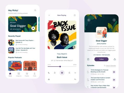 Streamy - Podcast App Concept by Minhaz Deedat on Dribbble Podcast App Design, Podcast Web Design, Podcast Website Design Inspiration, Podcast Graphic Social Media, Music App Wireframe, Apps Ideas, Music Ui, Podcast Design, Music App Design