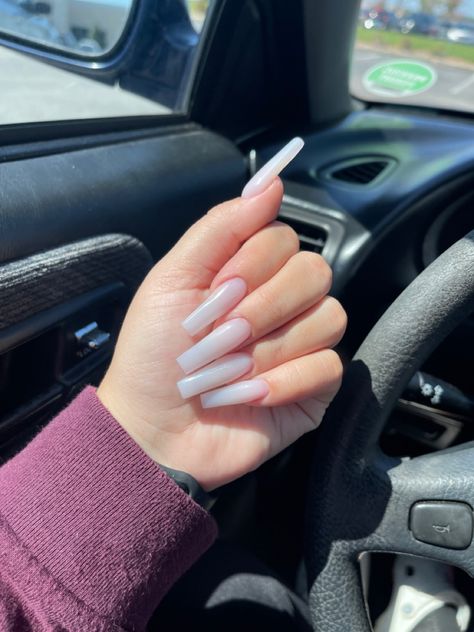 White / Milky White Acrylic Nails Milky White Long Nails, White Long Nails, Sqaure Nails, Long White Nails, White Almond Nails, Long Almond Nails, Tapered Square Nails, Milky Nails, Lavender Nails