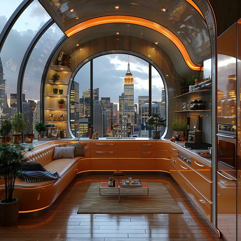 70s Interior Design Retro Futuristic, Retro Future Interior, Futuristic Apartment Interior Design, Space Age Interior Design, Retro Futurism Architecture, Retro Futurism Interior, 2000s House, Retro Futurism Aesthetic, Space Age Interior