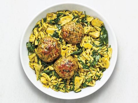 Turkey And Spinach Meatballs, Turkey Spinach Meatballs, Spinach Meatballs, Orzo Recipe, Turkey Meatballs Baked, Orzo Recipes, Baked Turkey, Food Network Magazine, Turkey Meatballs