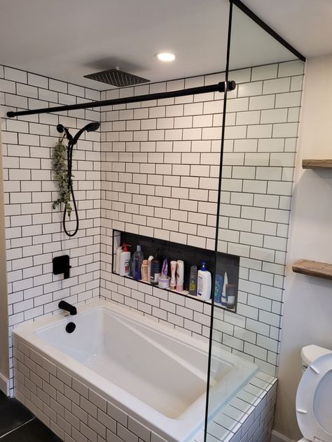 Glass Enclosure For Bathtub, Tub Shower With Glass Panel, Tub Shower Enclosure Ideas, Long Bathtub Shower Combo, Glass Bathtub Enclosure, Shower Tub With Curtain, Bathtub Insert Remodel, Glass Shower With Curtain, Open Tub Shower Combo