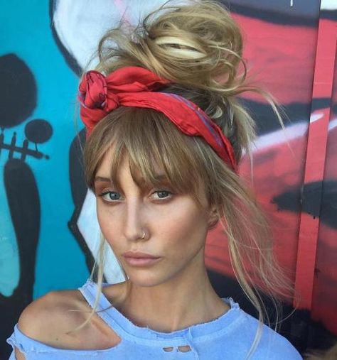 Messy Bun With A Head Scarf Boho Chic Hairstyles, Messy Updo, Messy Bun Hairstyles, Natural Hair Updo, Trending Hairstyles, Hair Updo, Boho Hairstyles, Messy Hairstyles, Messy Bun