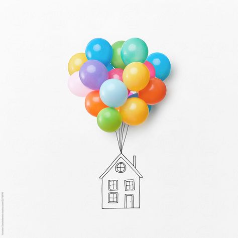 Bunch of colorful air balloons holding drawing house on a white background with space for text. Flying house. House With Balloons Drawing, Flying House Drawing, Balloon House Drawing, Holding Drawing, Drawing Of A House, Flying House, Balloon House, Christmas Window Painting, Flying Balloon