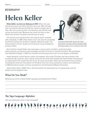 Helen Keller Biography | Worksheet | Education.com Helen Keller Costume, Helen Keller Activities, Helen Keller Biography, Elementary Writing, Text Evidence, Wax Museum, Test Questions, Helen Keller, Reading Worksheets