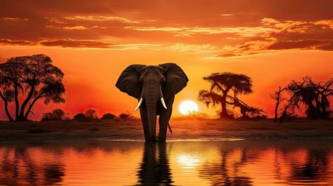 Silhouetted African Elephant during Botswana safari at African sunset African Sunset Photography, African Landscape Photography, Africa Landscape, Africa Sunset, Animals Landscape, Safari Sunset, Botswana Safari, African Landscape, African Sunset