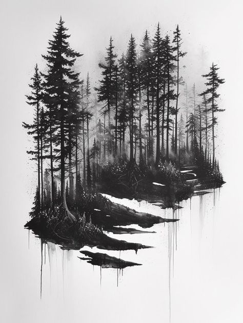 Spooky Woods Tattoo, Gothic Forest Tattoo, Dark Tree Tattoo, Pine Forest Tattoo, Dark Forest Drawing, Dark Forest Tattoo, Forest Tattoo Sleeve, Evergreen Tree Tattoo, Wilderness Tattoo