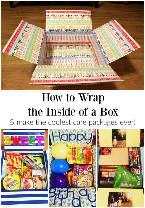 Seen all those themed care packages on Pinterest? Make one yourself? Learn the easiest way to wrap the inside of a box to make the best care package ever! Care Package Decorating, Diy Care Package, Birthday Care Packages, Deployment Care Packages, Military Care Package, College Care Package, How To Wrap, Care Box, College Kids