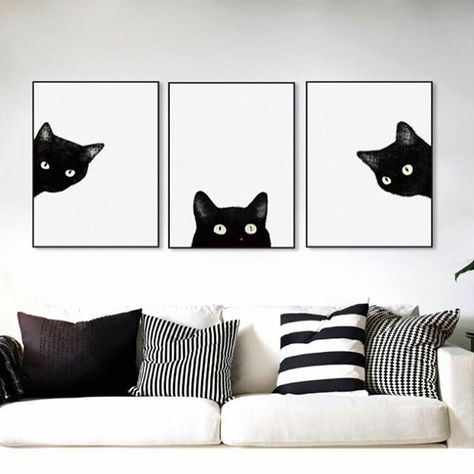 Adorable black cat wall art. Triptych it's so cute! Black Cat Artwork, Canvas Background, Art Mignon, Nordic Wall, Cat Artwork, Cute Black Cats, Cat Wall Art, Animal Canvas, Cat Wall