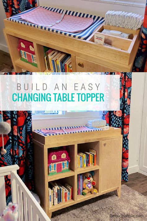 Build this easy DIY changing table topper to turn any shelf or dresser into a changing table! You can also get the plans to build our mid-century inspired changing table with cubbies and shelves for your nursery, or use it as an entry table or console table in the living room. Diy Baby Changing Table, Changing Table Tray, Changing Table Top, Diy Changing Table, Changing Table Organization, Changing Dresser, Changing Table Topper, Diaper Changing Table, Baby Changing Station