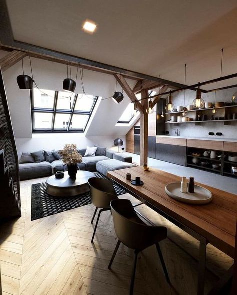 Loft Home Office, Dark Homes, Attic Makeover, Penthouse Living, White Wood Floors, Attic Loft, Attic House, Wooden Table And Chairs, Attic Apartment