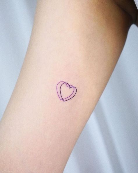 Small Purple Tattoo Simple, Hot Pink Heart Tattoo, Neon Heart Tattoo, Purple Tattoo Aesthetic, Heart With Sparkles Tattoo, Purple Line Tattoo, Heart Sparkle Tattoo, Delicate Heart Tattoo, Small Purple Tattoo