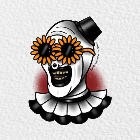 Art The Clown Terrifier Tattoo Design, The Terrifier Tattoo, Art Terrifier Tattoo, Traditional Tattoo Horror, Terrifier Tattoo Ideas, Art The Clown Art, Horror Icon Tattoos, Horror Tattoos Traditional, Tattoo Spooky