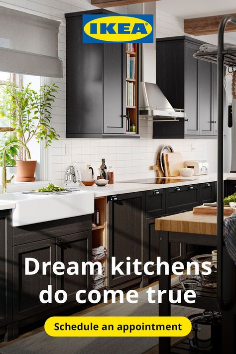 Talk to our kitchen experts and design your kitchen from the comfort of your home. Lerhyttan Kitchen, Black Ikea Kitchen, Kitchen Cabinets And Flooring, Open Kitchen Cabinets, Ikea Black, Trendy Kitchen Colors, Kitchen Ikea, Order Kitchen, Kitchen Tools Design