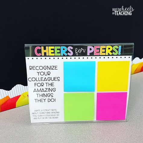 CHEERS FOR PEERS! I’m so excited for our staff to be recognized for all the great things they do every day at our school! This is just like… Staff Check In Ideas, Employee Compliment Board, Staff Shout Out Board Good Ideas, Staff Encouragement Bulletin Boards, Staff Morale Bulletin Board Ideas, Shout Out Board Employee, Staff Shout Out Bulletin Board, Staff Shout Out Board, Staff Shout Outs