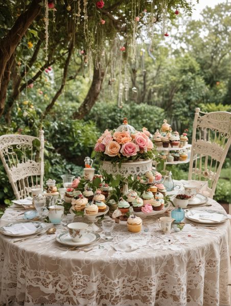 Woodsy Tea Party, Garden Tea Party Decorations, Birthday Table Setting Ideas, Cottagecore Tea Party, Cottage Couture, Birthday Table Setting, Rustic Tea Party, Tea Party Tablescape, Whimsical Tea Party