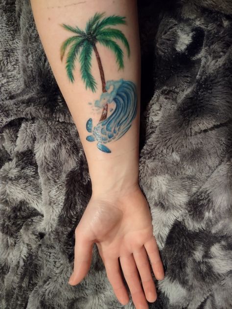 Watercolor tattoo of a palm tree, turtle and wave Palm Tree Turtle Tattoo, Turtle And Wave Tattoo, Tattoos Thailand, Hawaii Tattoos, Wave Tattoo, Palm Tattoos, Palm Tree Tattoo, Turtle Tattoo, Waves Tattoo