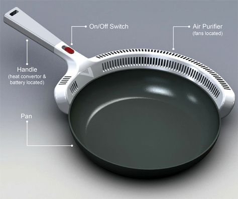 The concept is simple; eliminating annoying cooking fumes right at the source and converting it to a refreshing gust of air. The approach is to add an electronic purifying element straight on the pan’s rim and doing away with conventional hoods. Pan Cooking, Kitchen Green, Fragrance Photography, Quirky Kitchen, Future Kitchen, Tech Home, Frying Pans, Cool Electronics, Green Technology