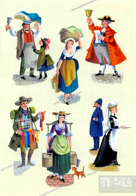 'Working Costumes Through the Ages' – muffin man, strawberry seller 18th C, town crier, peddlar 1830, Stock Photo, Picture And Rights Managed Image. Pic. MEV-10797395 | agefotostock Town Crier, Muffin Man, Picture Library, Visual Content, Photo Library, View Image, Stock Pictures, Cool Suits, Detailed Image