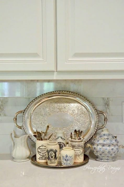 Cake Plate Decor Display Kitchen, Silver Trays Decor Ideas, Silver Tray Decor, Liz Marie Galvan, Provincial Decor, May Produce, Kitchen Vignettes, Silver Display, Countertop Decor