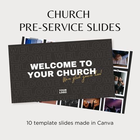 "Church preservice slides are an easy way to keep your congregation informed and involved in your church. Display your church's events and welcome your guests and members in a stylish way with these customizable church announcement slides created and edited in Canva.  DETAILS: * 10 Church Preservice Slides   -Welcome   -Worship with Us   -Social Media    -Connect with Us    -Ways to Give   -Growth Groups   -Youth Ministries   -Speaker/Host   -Discover Classes   -Event Highlight * Edit with your free Canva account. Desktop works best for editing! * Drag and drop your own photos into the preservice slides * Easily edit text, colors, and more * Church Preservice Slides are created as 1920x1080px graphics * Buyer must have working knowledge of Canva. Technical Support will not be included, but Church Announcements Slides, Welcome To Church, Church Social Media, Church Announcements, Church Media Graphics, Church Calendar, Church Lobby, Church Marketing, Social Graphics