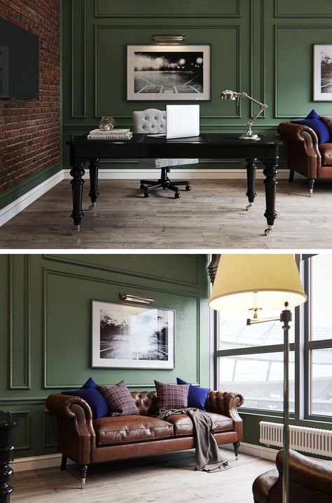 English Style Office, Before And After Home Decor, Green Chesterfield, English Interior Design, Before And After Home, Leather Couches, Cabinet Office, Office Space Design, Luxury Office