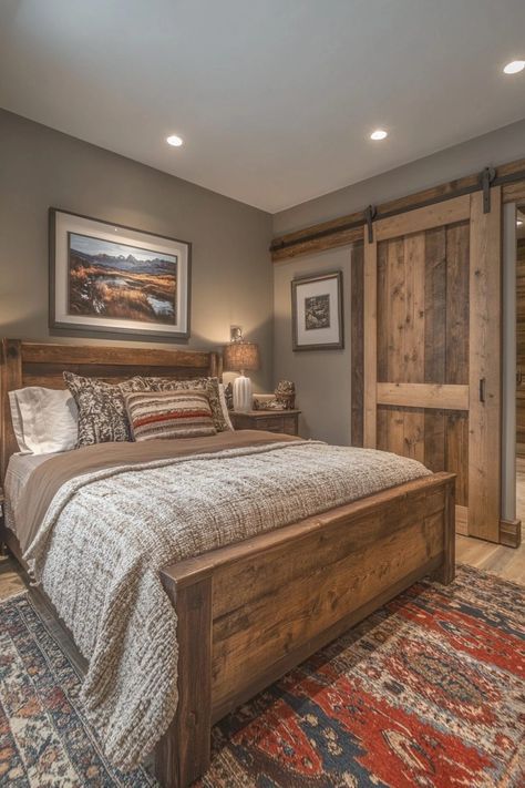 Western Cabin Bedroom, Old Farmhouse Master Bed, Rustic Teen Boy Bedroom, Boys Rustic Bedroom Ideas, Modern Farm Bedroom, Rustic Master Bedrooms Decor, Rustic Guest Bedroom Ideas, Barn Bedroom Ideas, Barndominium Bedroom