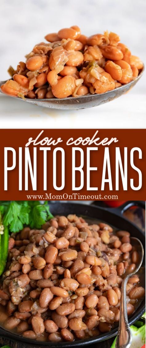 This easy Pinto Beans recipe yields the most delicious, amazing pinto beans you've ever had - without having to soak your beans! A simple blend of ingredients and spices turns that bag of dried beans into your new favorite side dish. Bonus: Makes amazing refried beans too! // Mom On Timeout #pintobeans #beans #beanrecipe #recipeforbeans #pintobeans #refriedbeans #slowcooker #crockpot 3 Bean Recipes, Crock Pot Pinto Beans, Slow Cooker Pinto Beans, Beans Recipe Crockpot, Pinto Beans Recipe, Dry Beans Recipe, Cook Beans, Beans In Crockpot, Slow Cooker Beans