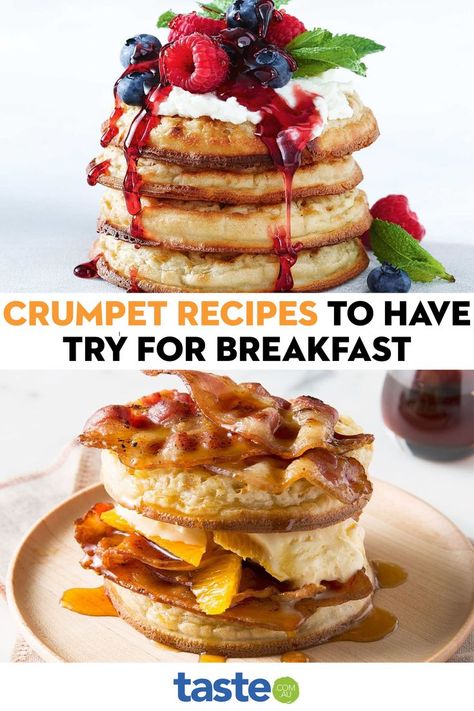 Australian Breakfast Ideas, Crumpet Sandwich, Crumpets Recipe Easy, Crumpet French Toast, Crumpet Breakfast Ideas, French Toast Crumpets, Crumpet Topping Ideas, Vegan Crumpets, Crumpet Toppings