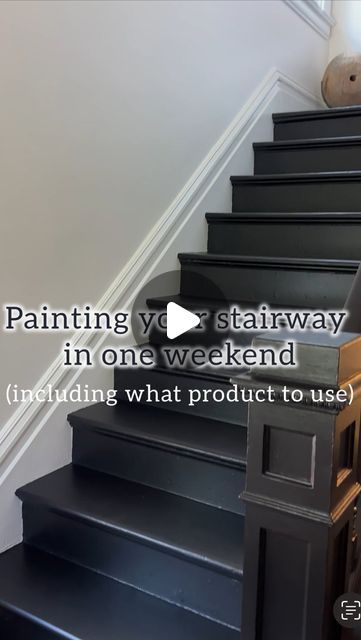 Interior Designer Ellen Fleckenstein on Instagram: "Save/share for a future weekend project that’s easier than you think!   #paintingstairs #paintedstairs #paintedstaircase #blackstairs #diy #weekendproject #easyproject #homeimprovementprojects #blackpaint #paintedfloors #blackfloor #blackfloorpaint #blackandwhitedecor #blackandwhiteaesthetic #blackandwhiteinterior #foyerdecor #entrywayideas #entrywaydesign #entrywaydecor #entrywaymakeover #entrywayinspo #stairdesign #stairways #stairwaydecor #staircases #stairwell #stairrenovation   **For more interior design inspiration and insider home decorating tips check out  @ellenfleckinteriors daily!  #ellenfleckinteriors" Black Wall Going Up Stairs, Painted Stairs Black And White, Black Staircase Paint Color, Anthracite Staircase, Painting Wood Stairs Black, Next To Stairs Decor Spaces, Paint Color For Stairs, Paint Staircase Black, Decorate Stairs Walls