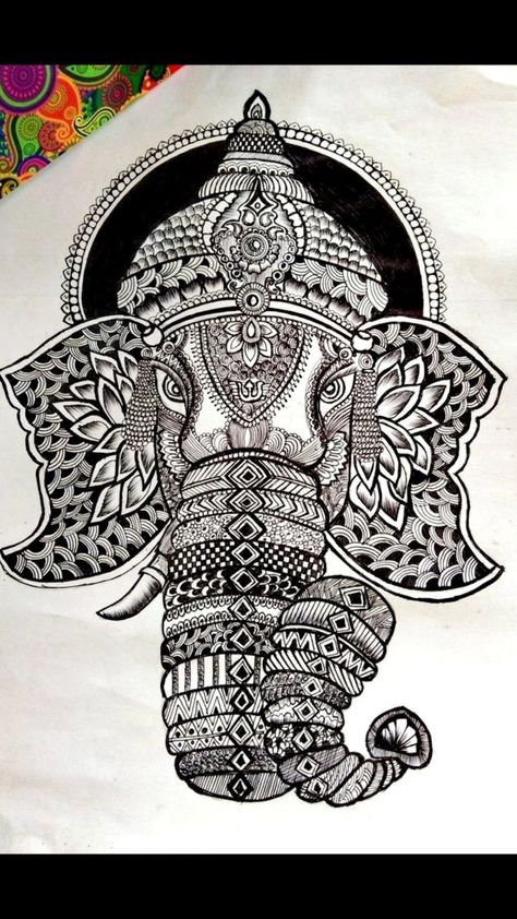 Ganesh Mandala Art Ganesh Mandala Art, Zentangle Art Easy, Ganesh Mandala, Ganesha Mandala, Drawing Mandalas, Ganesha Drawing, Mandala Art Therapy, Pichwai Paintings, Sketch Paper