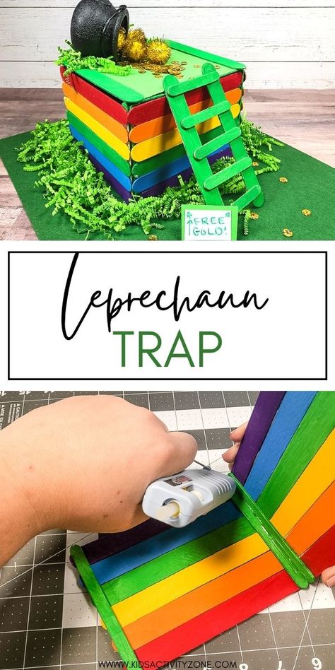 St. Patrick's Day is coming up soon so it's time to time to try to catch a leprechaun. This easy DIY Leprechaun Trap is full of rainbows lots green and gold to be as eye-catching and enticing as possible for the little gold-lover. We even made him a little ladder to help him scurry up and land right on the trap door! Easy Leprechaun Trap, Diy Leprechaun Trap, Popsicles Sticks, Gold Pom Poms, Diy Leprechaun, Leprechaun Trap Project, Easy Kid Activities, Leprechaun Trap, St Patricks Day Crafts For Kids