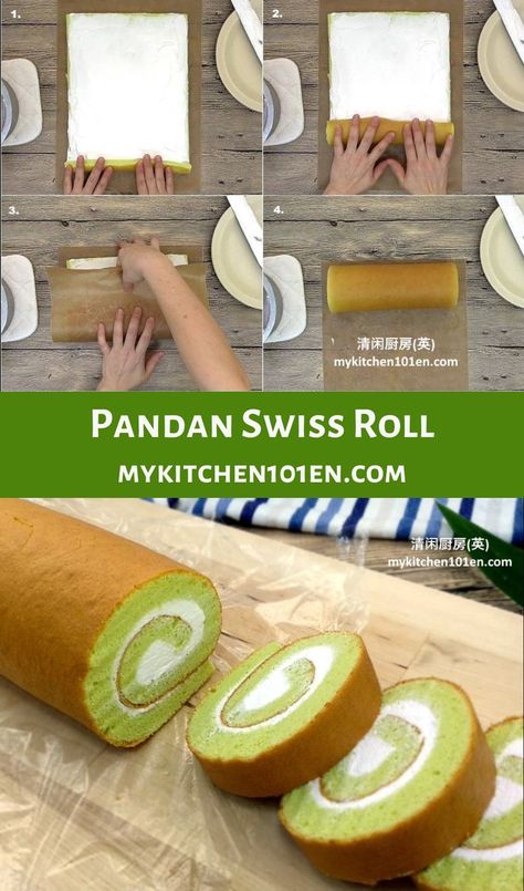 Chinese Swiss Roll Recipe, Japanese Swiss Roll Recipe, Pandan Swiss Roll, Pandan Bread, Japanese Roll Cake, Rolled Cakes, Chinese Desert, Japanese Cotton Cheesecake, Swiss Roll Cakes