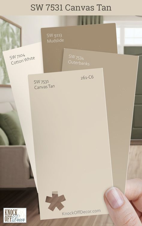 Sherwin-Williams Canvas Tan paint chips for entryway scheme Sand Colored Paint, Golden Beige Paint Colors, Relaxed Khaki Sherwin Williams, Sw Creamy Exterior, Sherwin Williams Taupe Colors, Light Tan Paint, Natural Linen Sherwin Williams Walls, Sherwin Williams Canvas Tan, Creamy Paint Colors