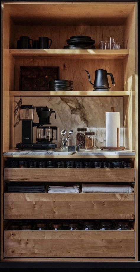 Casa Country, Coffee Bar Home, Coffee Station, Cabinet Drawers, Kitchen Pantry, Storage Container, Bars For Home, 인테리어 디자인, Interior Design Inspiration