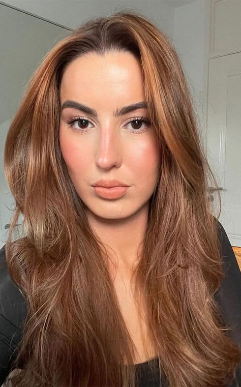 Rich Copper Brunette, Hair Colour Ideas Auburn, Coper Golden Hair, Copper Brown Hair Olive Skin, Dark Brown Hair To Copper, Tan With Copper Hair, Neutral Copper Hair Color, Pantone Hair Color, Copper Hair Black Eyebrows