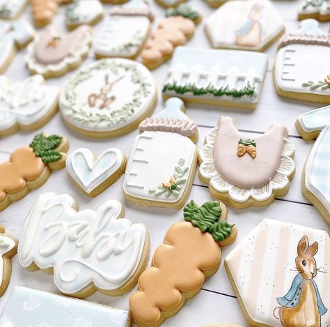 Peter Rabbit Cookies Beatrix Potter, Beatrix Potter Cookies, Peter Rabbit Sugar Cookies, Peter Rabbit Cookies Decorated, Peter Rabbit Baby Shower Cookies, Bunny Baby Shower Cookies, Easter Themed Baby Shower Ideas, Peter Rabbit Baby Shower Ideas Girl, Beatrix Potter Baby Shower Ideas