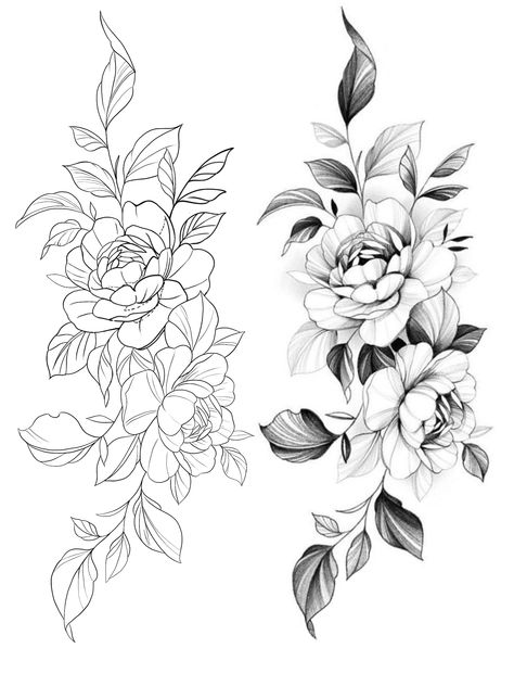 Hawthorne Flower Tattoo Designs, Blackwork Flower Tattoo Design, Tattoo Flower Stencil, Flores Tattoo Mujer, Peony Tattoo Stencil, Rose Fine Line Tattoo, Flower Stencil Tattoo, Floral Tattoo Stencil, Floral Sleeve Tattoos For Women