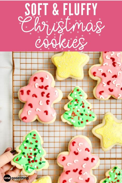 a tray of decorated sugar cookies with a text box on top that reads 'soft and fluffy christmas cookies' Fluffy Soft Sugar Cookies, Soft Fluffy Sugar Cookie Recipe, Fluffy Sugar Cookie Recipe, Homemade Sugar Cookie Recipe, Fluffy Sugar Cookies, Homemade Sugar Cookies Recipe, Homemade Sugar Cookies Easy, Fluffy Icing, Favorite Christmas Cookies