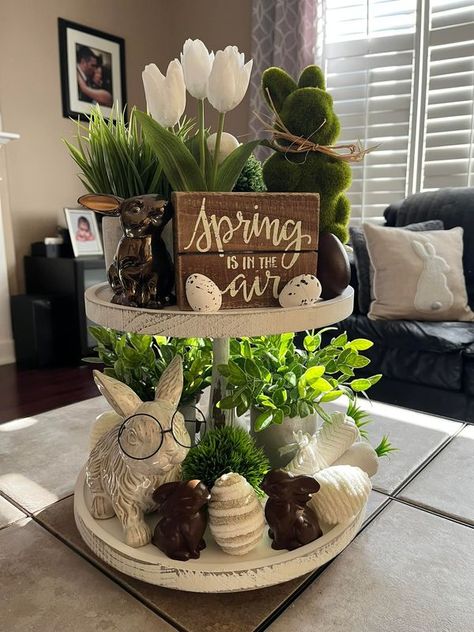 Tiered Tray Decorating & More | My spring/Easter trays this year…Happy Easter 🐣 everyone | Facebook Spring Tiered Tray Decor Ideas, Tiered Tray Stand, Tiered Tray Ideas, Farmhouse Primitive, Happy Easter Everyone, Wreath Maker, Tray Ideas, White Tulips, Tiered Tray Decor