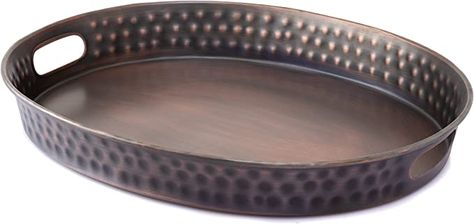 Amazon.com | Monarch Abode Decorative Oval Serving Coffee Table Ottoman Tray, 17 x 13, Antique Copper Finish: Serving Trays Ottoman Serving Tray, Dessert Platters, Nightstand Tray, Oval Ottoman, Lazy Night, Modern Serving Trays, Romantic Breakfast, Bathroom Counter Organization, Coffee Table Ottoman